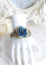 画像をギャラリービューアに読み込む, Dark Blue Rose Bracelet Navy Blue Flower Bracelet Filigree Wedding Bridal Cuff Bracelet Vintage Style Victorian Inspired Brass Leaf Bracelet
