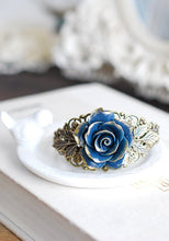 画像をギャラリービューアに読み込む, Dark Blue Rose Bracelet Navy Blue Flower Bracelet Filigree Wedding Bridal Cuff Bracelet Vintage Style Victorian Inspired Brass Leaf Bracelet
