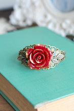 画像をギャラリービューアに読み込む, Red Rose Bracelet Red Flower Bracelet Filigree Wedding Bridal Cuff Bracelet Vintage Style Victorian Inspired Brass Leaf Bracelet
