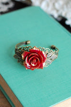 画像をギャラリービューアに読み込む, Red Rose Bracelet Red Flower Bracelet Filigree Wedding Bridal Cuff Bracelet Vintage Style Victorian Inspired Brass Leaf Bracelet
