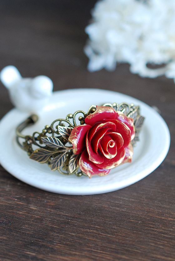 Red Rose Bracelet Red Flower Bracelet Filigree Wedding Bridal Cuff Bracelet Vintage Style Victorian Inspired Brass Leaf Bracelet