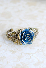 画像をギャラリービューアに読み込む, Dark Blue Rose Bracelet Navy Blue Flower Bracelet Filigree Wedding Bridal Cuff Bracelet Vintage Style Victorian Inspired Brass Leaf Bracelet
