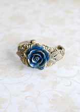 画像をギャラリービューアに読み込む, Dark Blue Rose Bracelet Navy Blue Flower Bracelet Filigree Wedding Bridal Cuff Bracelet Vintage Style Victorian Inspired Brass Leaf Bracelet
