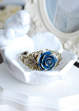 画像をギャラリービューアに読み込む, Dark Blue Rose Bracelet Navy Blue Flower Bracelet Filigree Wedding Bridal Cuff Bracelet Vintage Style Victorian Inspired Brass Leaf Bracelet
