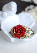 画像をギャラリービューアに読み込む, Red Rose Bracelet Red Flower Bracelet Filigree Wedding Bridal Cuff Bracelet Vintage Style Victorian Inspired Brass Leaf Bracelet
