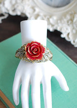 画像をギャラリービューアに読み込む, Red Rose Bracelet Red Flower Bracelet Filigree Wedding Bridal Cuff Bracelet Vintage Style Victorian Inspired Brass Leaf Bracelet
