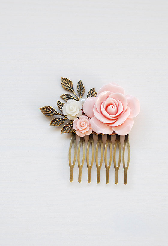 Pink Rose Hair Comb Blush Pink Wedding Hair Accessory Bridal Hair Comb Bridesmaid Hair Accessory Antique Gold Leaf Hair Comb French Country