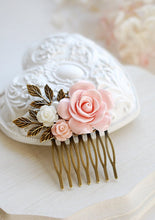 画像をギャラリービューアに読み込む, Pink Rose Hair Comb Blush Pink Wedding Hair Accessory Bridal Hair Comb Bridesmaid Hair Accessory Antique Gold Leaf Hair Comb French Country
