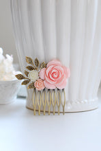 画像をギャラリービューアに読み込む, Pink Rose Hair Comb Blush Pink Wedding Hair Accessory Bridal Hair Comb Bridesmaid Hair Accessory Antique Gold Leaf Hair Comb French Country
