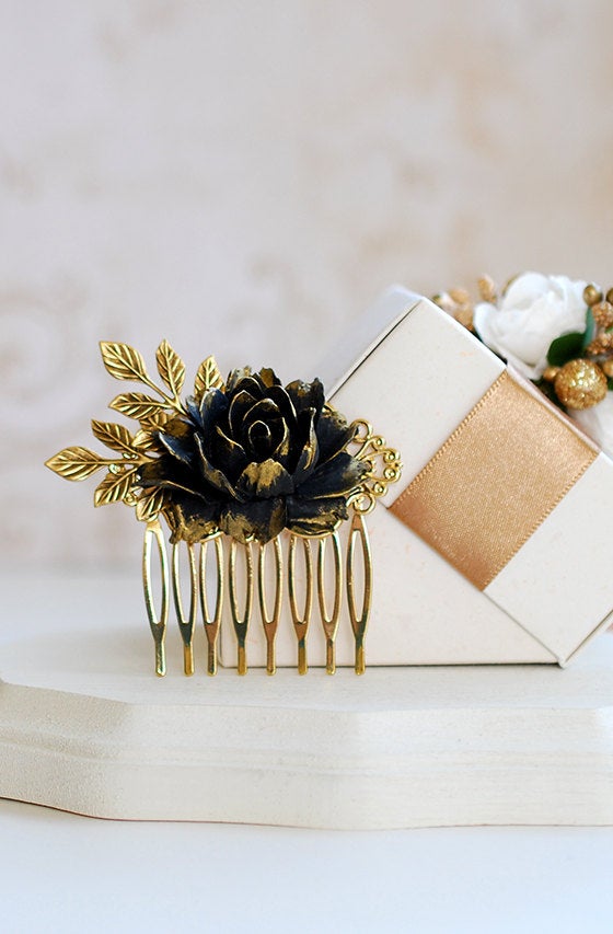 Black Flower Hair Comb Antique Gold Leaf Black Rose Hair Comb Gold Hair Comb Black Wedding Bridal Hairpiece Gothic Goth Halloween