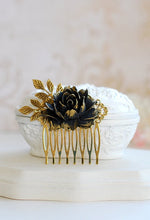 Load image into Gallery viewer, Black Flower Hair Comb Antique Gold Leaf Black Rose Hair Comb Gold Hair Comb Black Wedding Gothic Wedding Bridal Hairpiece Goth
