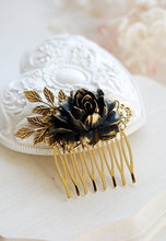 Load image into Gallery viewer, Black Flower Hair Comb Antique Gold Leaf Black Rose Hair Comb Gold Hair Comb Black Wedding Gothic Wedding Bridal Hairpiece Goth
