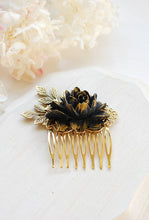 Load image into Gallery viewer, Black Flower Hair Comb Antique Gold Leaf Black Rose Hair Comb Gold Hair Comb Black Wedding Gothic Wedding Bridal Hairpiece Goth
