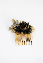 Load image into Gallery viewer, Black Flower Hair Comb Antique Gold Leaf Black Rose Hair Comb Gold Hair Comb Black Wedding Gothic Wedding Bridal Hairpiece Goth
