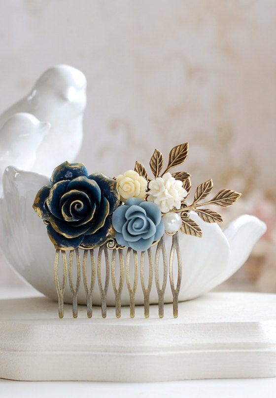 Wedding Hair Accessory Bridal Hair Comb Dark Blue Rose Flower Hair Comb Navy Blue Dusky Blue Blue Wedding Hairpiece Bridal Bridal Headpiece