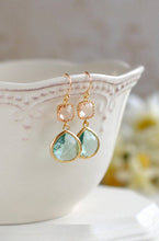 Load image into Gallery viewer, Peach and Aqua Earrings. champagne Erinite Aqua Blue Crystal Glass Dangle Earrings,Gold framed Glass Drop Earrings, Peach Aqua Wedding
