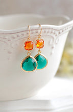 Load image into Gallery viewer, Orange and Emerald Green Earrings, Gold Plated Orange and Large Green Teardrop Glass Dangle Earrings, Wedding Jewelry, Bridesmaid Earrings
