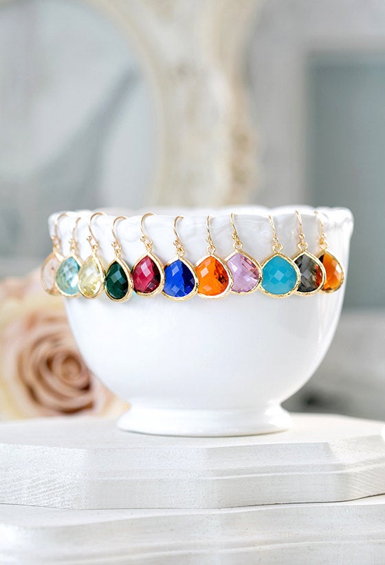 Gold Plated Glass Drop Earrings Birthstone Teardrop Crystal Jewelry Wedding Bridal Bridesmaid Earrings Peach Ruby Aqua Green Blue Orange