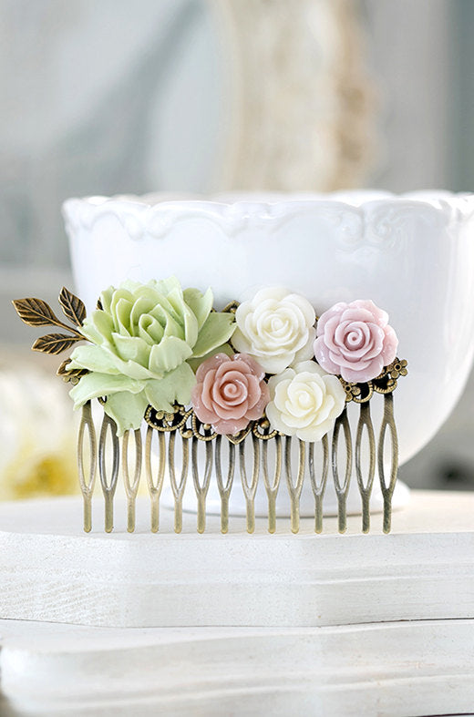 Bridal Hair Comb Large Dusty Pink Ivory Mauve Mint Pistachio Green Wedding Hair Comb Gold Leaf  Powder Pink Rose Garden Wedding Hairpiece