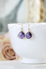 Load image into Gallery viewer, Large Purple Drop Earrings Tanzanite Amethyst Teardrop Glass Gold Dangle Earrings Purple Wedding Bridesmaid Earrings February Birthstone
