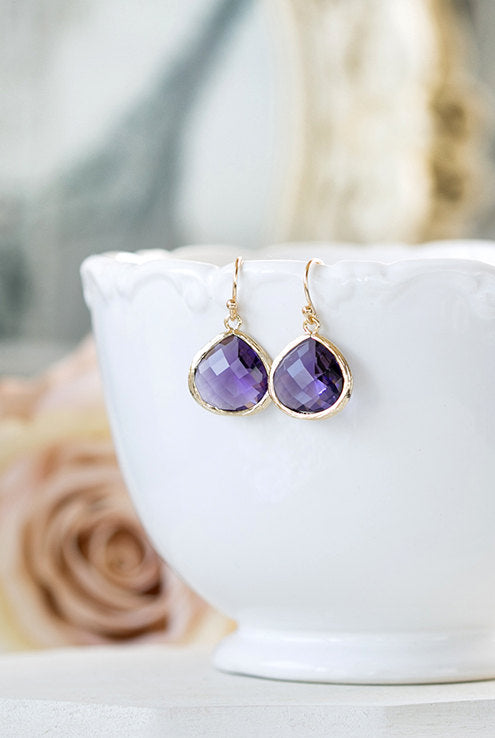 Large Purple Drop Earrings Tanzanite Amethyst Teardrop Glass Gold Dangle Earrings Purple Wedding Bridesmaid Earrings February Birthstone