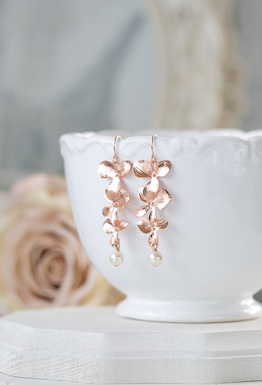 Rose Gold Earrings Pink Gold Cascading Orchid Flower Swarovski Cream Ivory Round Pearl Dangle Earrings Bridal Earrings Rose Gold Jewelry