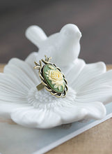 Load image into Gallery viewer, Cameo Ring Sage Green Ivory Rose Cameo Antiqued Brass Love Bird Ring Adjustable Ring Cocktail Ring Statement Ring Bird Jewelry Vintage Style
