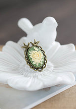 Load image into Gallery viewer, Cameo Ring Sage Green Ivory Rose Cameo Antiqued Brass Love Bird Ring Adjustable Ring Cocktail Ring Statement Ring Bird Jewelry Vintage Style
