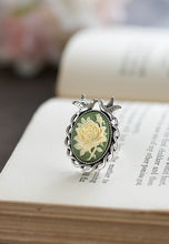 Load image into Gallery viewer, Sage Green Ivory Rose Cameo Ring Antiqued Silver Love Bird Ring Adjustable Ring Cocktail Ring Statement Ring Bird Jewelry Vintage Style
