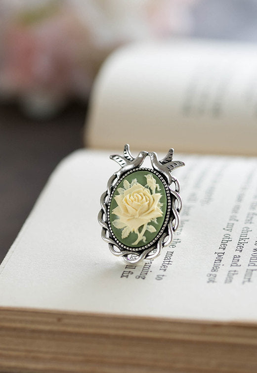 Sage Green Ivory Rose Cameo Ring Antiqued Silver Love Bird Ring Adjustable Ring Cocktail Ring Statement Ring Bird Jewelry Vintage Style