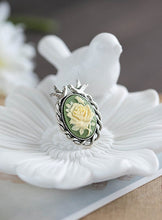 Load image into Gallery viewer, Sage Green Ivory Rose Cameo Ring Antiqued Silver Love Bird Ring Adjustable Ring Cocktail Ring Statement Ring Bird Jewelry Vintage Style
