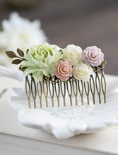 Load image into Gallery viewer, Bridal Hair Comb Large Dusty Pink Ivory Mauve Mint Pistachio Green Wedding Hair Comb Gold Leaf  Powder Pink Rose Garden Wedding Hairpiece
