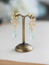 Load image into Gallery viewer, Gold Leaf Branch Aqua Blue Chalcedony Dangle Earrings Seafoam Green Natural Gemstone Earrings Post Earrings Nature Inspired Bridesmaid Gift
