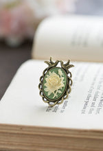 Load image into Gallery viewer, Sage Green Ivory Rose Cameo Ring Antiqued Silver Love Bird Ring Adjustable Ring Cocktail Ring Statement Ring Bird Jewelry Vintage Style
