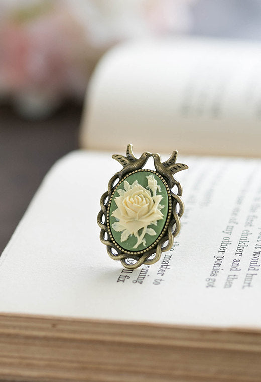 Cameo Ring Sage Green Ivory Rose Cameo Antiqued Brass Love Bird Ring Adjustable Ring Cocktail Ring Statement Ring Bird Jewelry Vintage Style