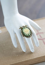 Load image into Gallery viewer, Cameo Ring Sage Green Ivory Rose Cameo Antiqued Brass Love Bird Ring Adjustable Ring Cocktail Ring Statement Ring Bird Jewelry Vintage Style
