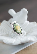 Load image into Gallery viewer, Sage Green Ivory Rose Cameo Ring Antiqued Silver Love Bird Ring Adjustable Ring Cocktail Ring Statement Ring Bird Jewelry Vintage Style
