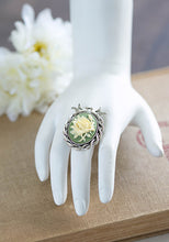 Load image into Gallery viewer, Sage Green Ivory Rose Cameo Ring Antiqued Silver Love Bird Ring Adjustable Ring Cocktail Ring Statement Ring Bird Jewelry Vintage Style
