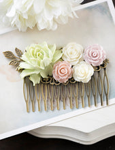 Load image into Gallery viewer, Bridal Hair Comb Large Dusty Pink Ivory Mauve Mint Pistachio Green Wedding Hair Comb Gold Leaf  Powder Pink Rose Garden Wedding Hairpiece
