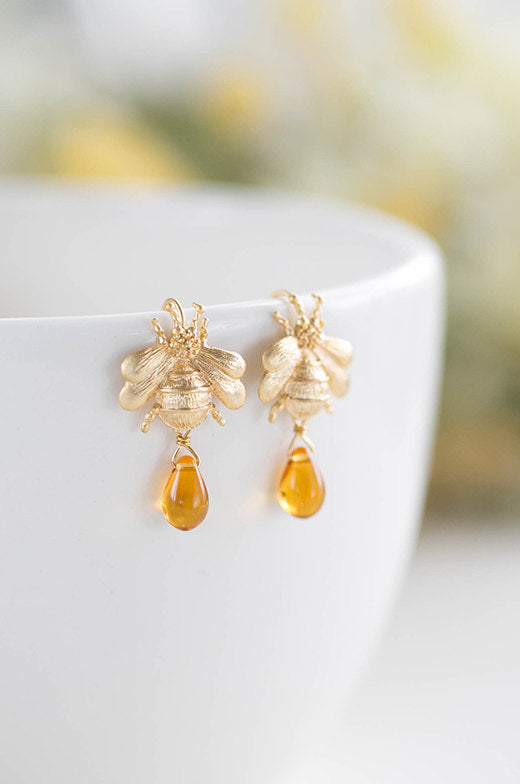 Bee Earrings Gold Honey Bee Topaz Glass Drop Earrings Dangle Earrings Bee Jewelry Gift for Bee Lover Summer Jewelry November Birthstone