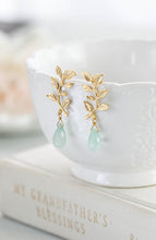 Load image into Gallery viewer, Gold Leaf Branch Aqua Blue Chalcedony Dangle Earrings Seafoam Green Natural Gemstone Earrings Post Earrings Nature Inspired Bridesmaid Gift
