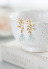 Load image into Gallery viewer, Gold Leaf Branch Aqua Blue Chalcedony Dangle Earrings Seafoam Green Natural Gemstone Earrings Post Earrings Nature Inspired Bridesmaid Gift
