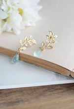 Load image into Gallery viewer, Gold Leaf Branch Aqua Blue Chalcedony Dangle Earrings Seafoam Green Natural Gemstone Earrings Post Earrings Nature Inspired Bridesmaid Gift
