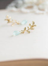 Load image into Gallery viewer, Gold Leaf Branch Aqua Blue Chalcedony Dangle Earrings Seafoam Green Natural Gemstone Earrings Post Earrings Nature Inspired Bridesmaid Gift
