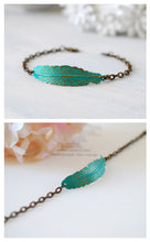 Load image into Gallery viewer, Feather Bracelet, Verdigris Blue Brass Feather Layering Bracelet, Boho Chic Bohemian Bracelet, Feather Jewelry, Gift for her, Gift for Mom
