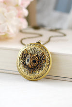 Load image into Gallery viewer, Owl Locket Necklace, Owl Jewelry, Victorian Style Round Brass Photo Locket, Woodland Jewelry Picture Locket Necklace, Gift for mom wife her
