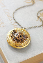 Load image into Gallery viewer, Owl Locket Necklace, Owl Jewelry, Victorian Style Round Brass Photo Locket, Woodland Jewelry Picture Locket Necklace, Gift for mom wife her
