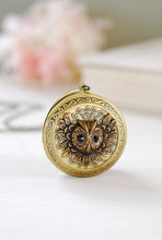 Load image into Gallery viewer, Owl Locket Necklace, Owl Jewelry, Victorian Style Round Brass Photo Locket, Woodland Jewelry Picture Locket Necklace, Gift for mom wife her
