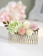 Load image into Gallery viewer, Bridal Hair Comb Large Dusty Pink Ivory Mauve Mint Pistachio Green Wedding Hair Comb Gold Leaf  Powder Pink Rose Garden Wedding Hairpiece
