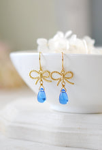 Load image into Gallery viewer, Gold Sapphire Blue Earrings Gold Bow Ribbon Blue Glass Drop Earrings Blue Dangle Earrings September Birthstone Jewelry gift for girlfriend
